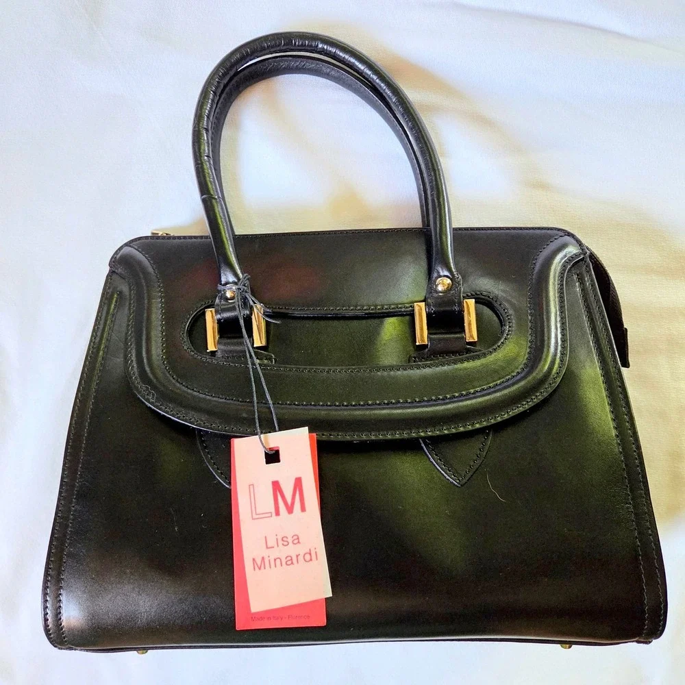Lisa Minardi Satchel Handbag Medium Black NEW Leather Made in Italy